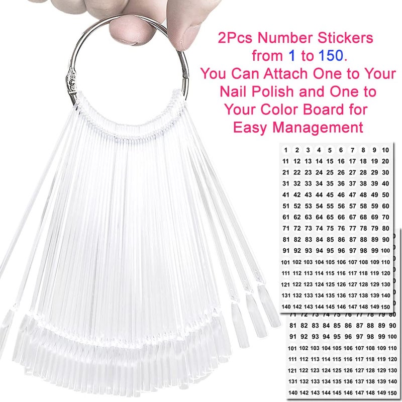 JASSINS 150 Pcs Nail Swatch Sticks with Ring and Number posted, Clear Fan-shaped Nail Art Polish Practice Display Tips Nail Sample Sticks, Nail Practice Color Display Polish Board - Image 3